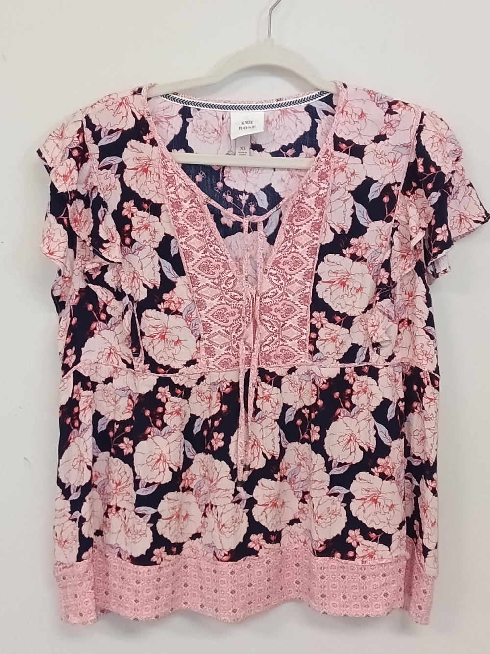 Knox Rose Floral Boho Navy Pink Babydoll Peasant Flutter Sleeve Rayon Blouse XL